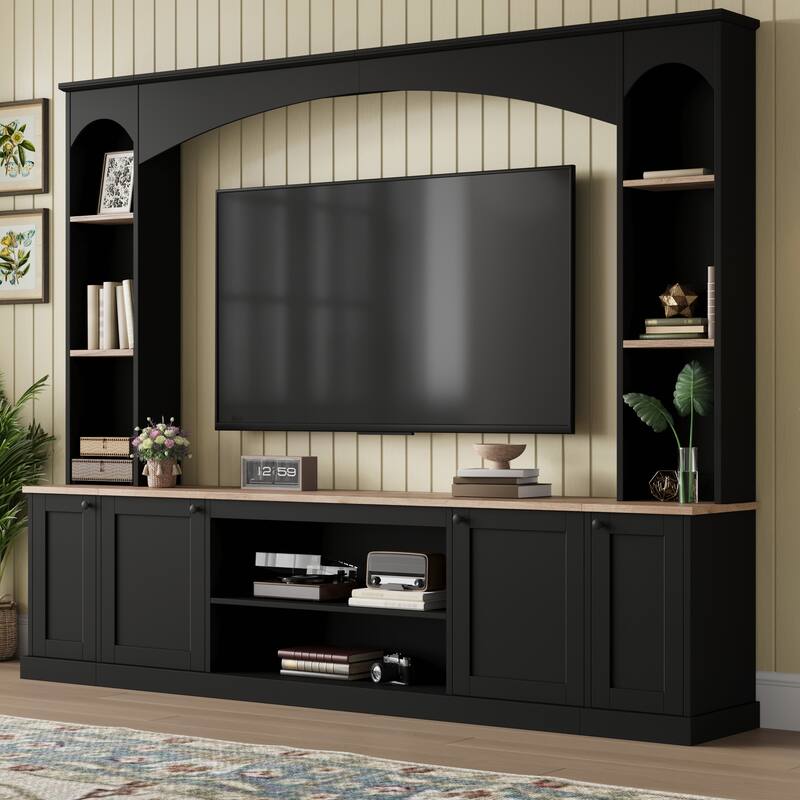 Arched Entertainment Center Wall Unit with Bookshelf & Storage Cabinet, TV Stand Media Console for TVs Up to 70"