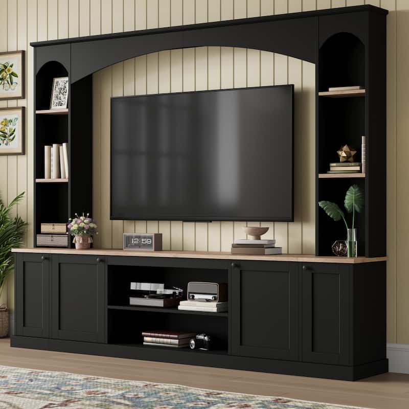 Elegant Arched Entertainment Center Wall Unit with Bookshelf, Farmhouse TV Stand with Wood Grain for TVs Up to 70" - Black