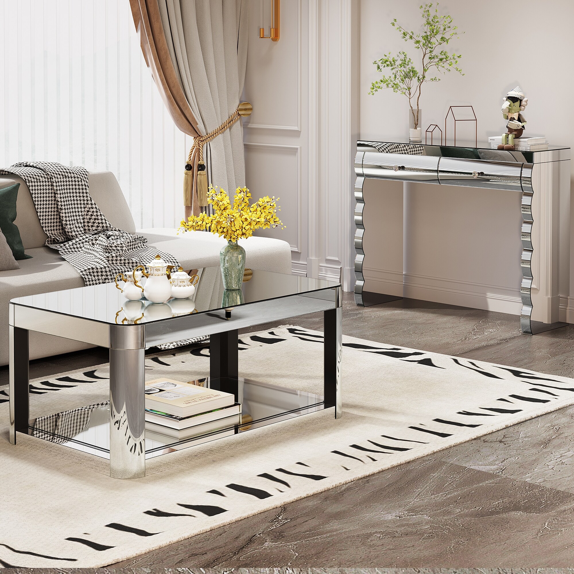 Baked curved mirror Coffee Table for Living Room, Modern Glass