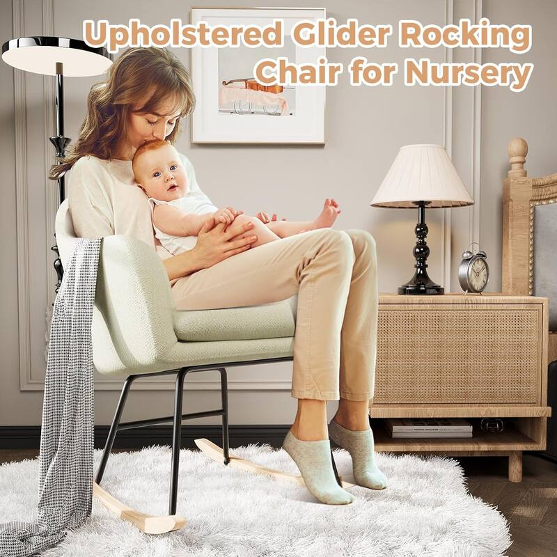 Upholstered Rocking Chair, Glider Chair With Cozy Cushion, Rocking Accent Chair With Rubber Wood Legs