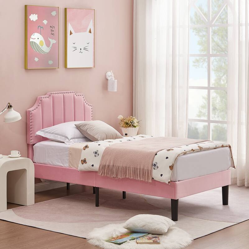 VECELO Double Twin Bed Set 41"-47" Adjustable Height Platform Bed with Nailhead Trim 7.8" Underbed Storage No Box Spring Needed