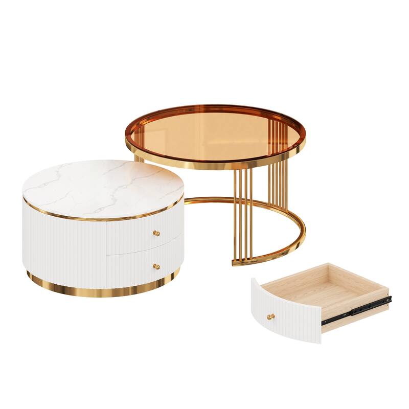 Modern 2 Pieces Round Nesting Coffee Table with Drawers and Brown Tempered Glass Top in 27.6"