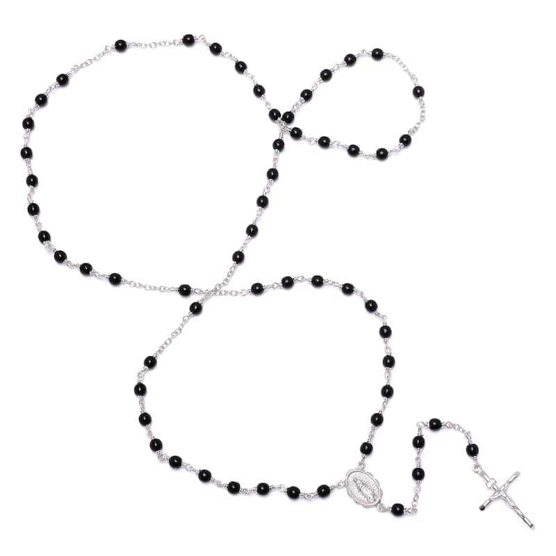 Roberto Martinez Gold or Platinum Plated Polished Black Glass Bead Rosary Necklace - White