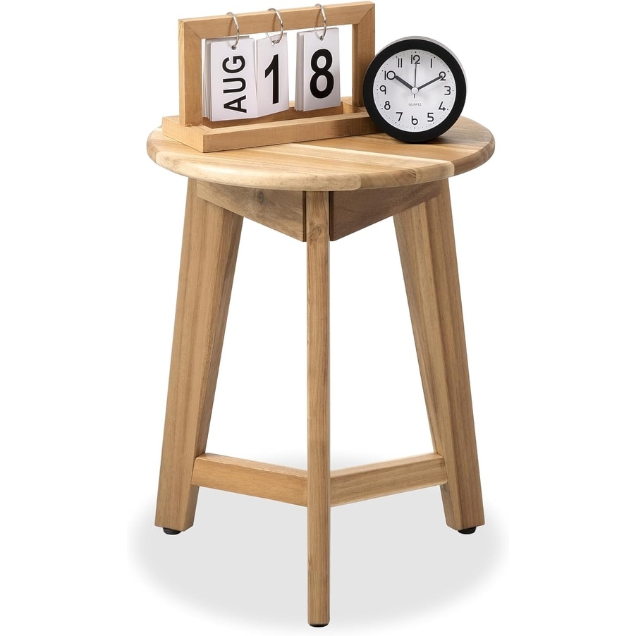 Round Acacia Wood Side Table - Natural Finish, Compact Nightstand for Living Room or Bedroom (13x16x13 in)
