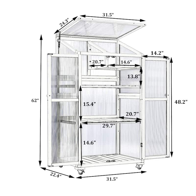 Roomfitters 62" Wood Greenhouse Cold Frame with Wheels and Adjustable Shelves for Indoor Outdoor Use