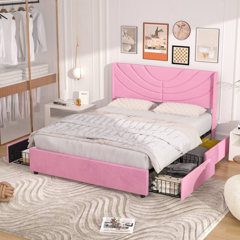 Javlergo Upholstered Bed with Tufted Headboard Bed Frames with Storage Drawers Princess Platform Bed with Wooden Slats Support