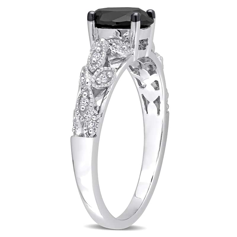 Miadora 1ct TDW Oval-cut Black and White Diamond Vintage Leaf Engagement Ring in 14k White Gold