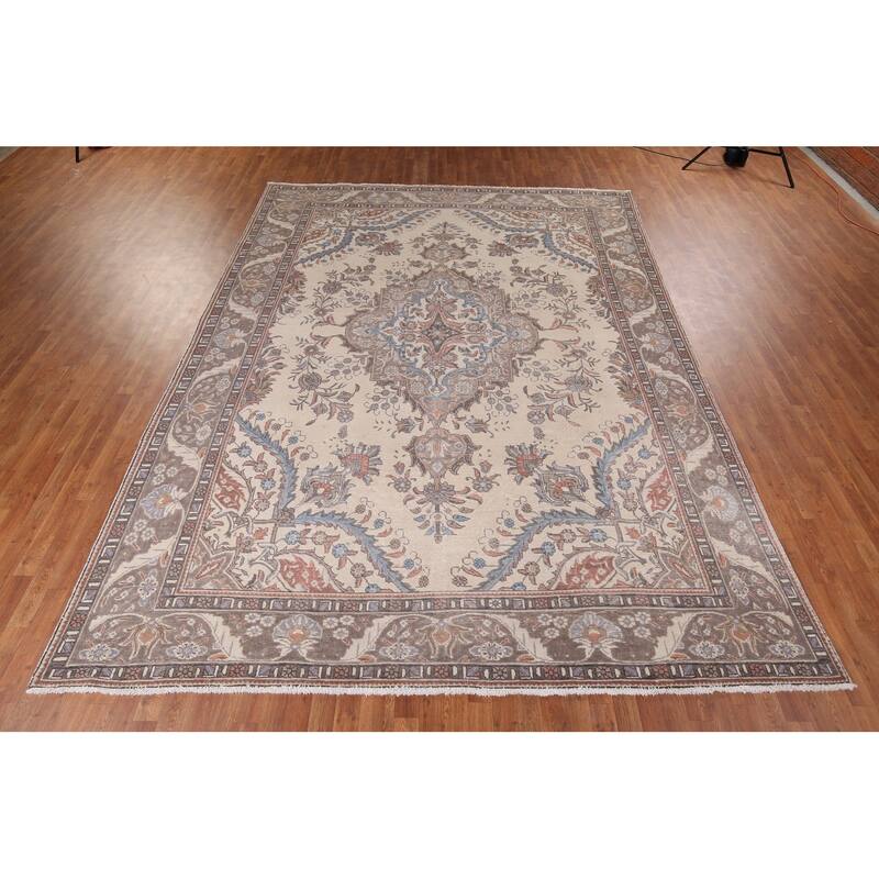 Beige Tabriz Vintage Persian Area Rug Handmade Wool Carpet - 9'6" x 12'7"