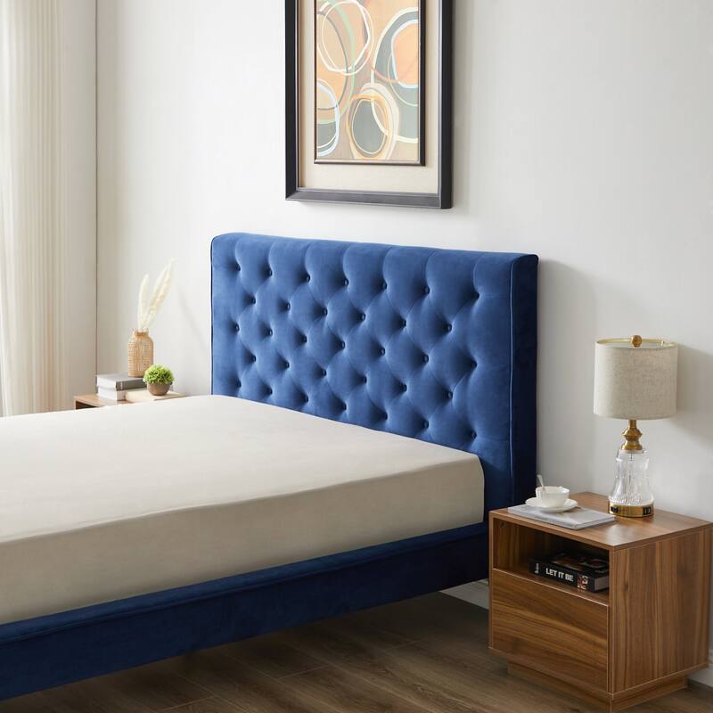 Queen Size Velvet Mid-Century Platform Bed with Tufted Headboard and Solid Wood Frame