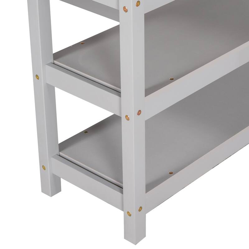 Full/Twin Size Loft Bed with Under-bed Desk & Storage Shelves, Space-Saving Design, Solid Pine Frame, No Box Spring Required