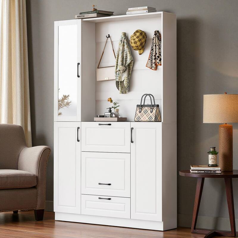 51.1'' Entryway Hall Tree with Mirror and Foldable Bench, 3-in-1 Shoe Storage Cabinet with Drawers, Shelves & 4 Hooks