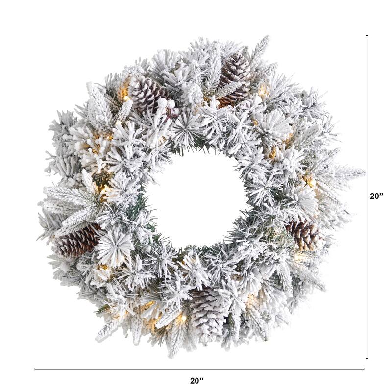 Pre-Lit Flocked Artificial Christmas Wreath, 20-Inch, Warm White LED Lights