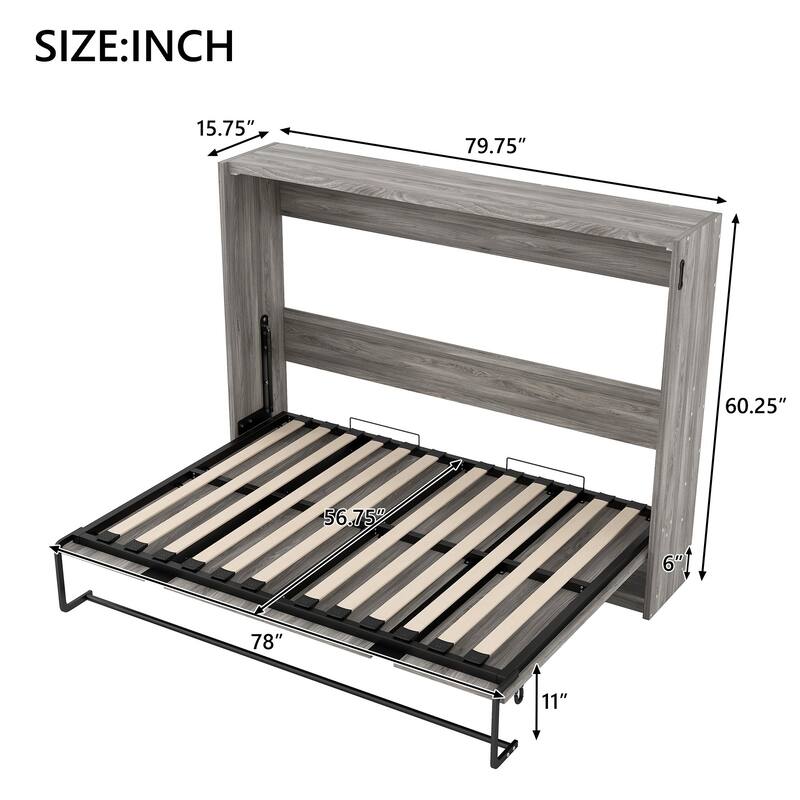 Full Size Murphy Bed with Folding Cabinet Design, Space-Saving Wall Bed with Pine Slats, No Box Spring Required