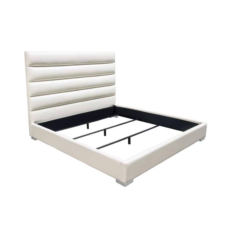 Hela Queen Size Bed, Channel Tufted White Faux Leather Upholstery