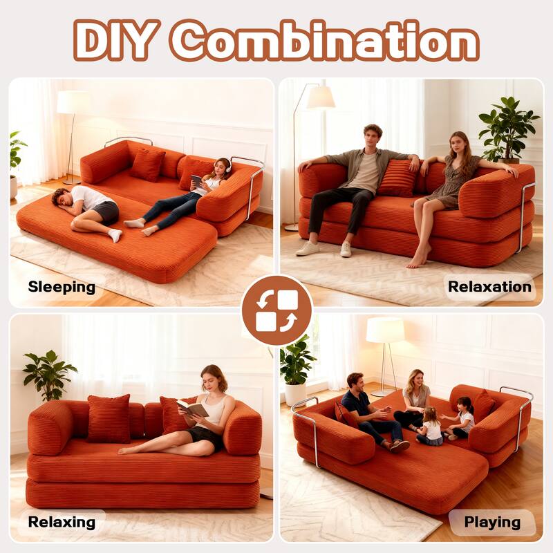 Convertible Floor Sofa Bed, 5-in-1 Modular Compressed Couch with Blanket Pillow, Corduroy Foam Sleeper
