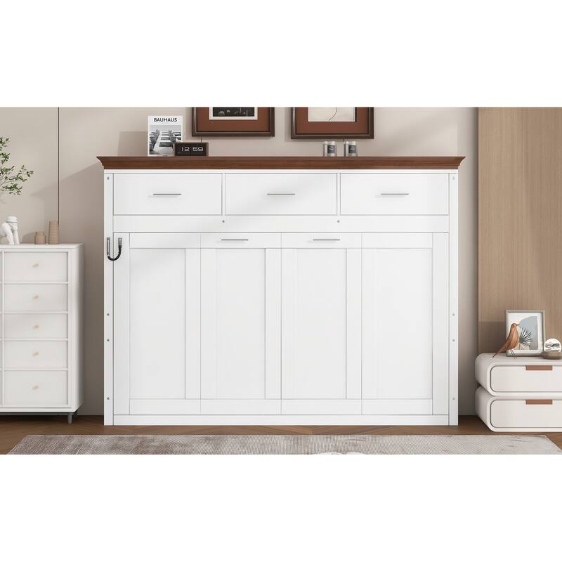 Space-Saving Twin Murphy Bed with 3 Drawers & Storage Shelf, White