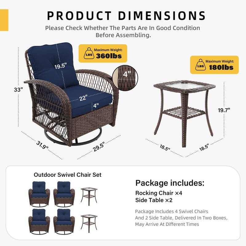 UPHA 6-Piece Patio Outdoor Wicker Swivel Rocking Chair Set with Side Table and Cushions