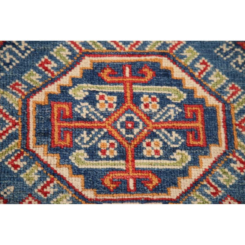 Blue Kazak Oriental Accent Rug Hand-Knotted Geometric Wool Carpet - 2'8"x 4'1"