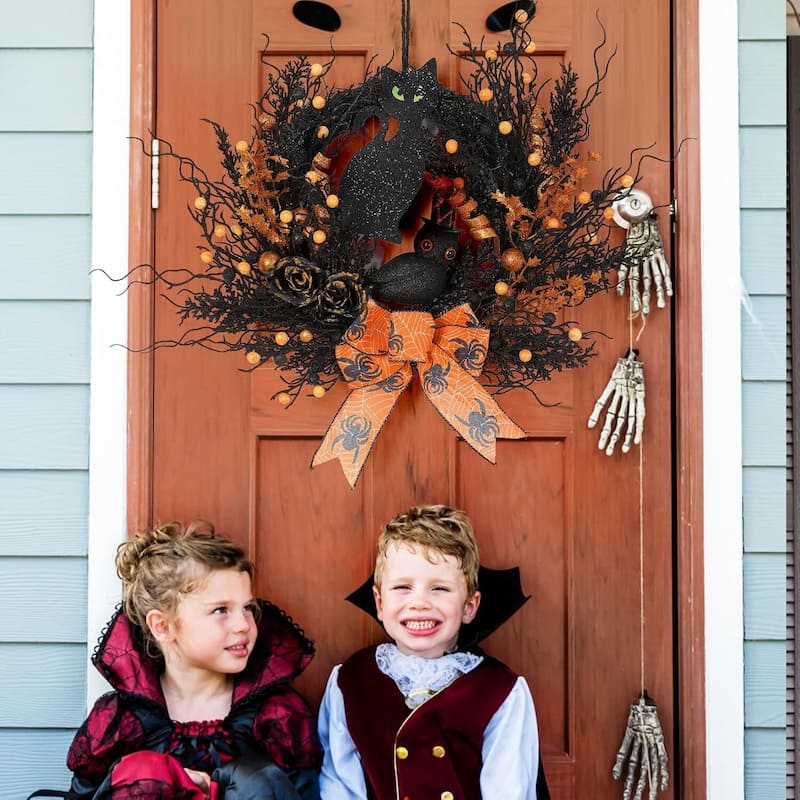 22" Halloween Black Cat, Owl Wreath for Front Door Decor - N/A