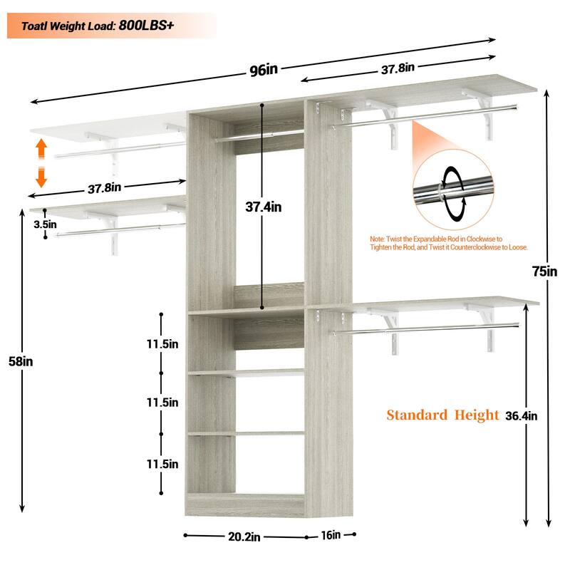 20'' to 96'' W Adjustable DIY Closet Organizer for Walk-in and Reach-in Closet System - 20.2'' to 96'' W