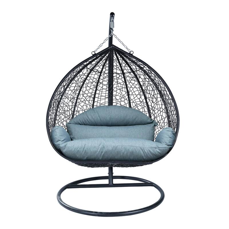 2-Person Outdoor Hanging Egg Chair with Teardrop Frame, Weather-Resistant Cotton Cushioned Seat for Patio and Indoor Use - Charcoal Blue