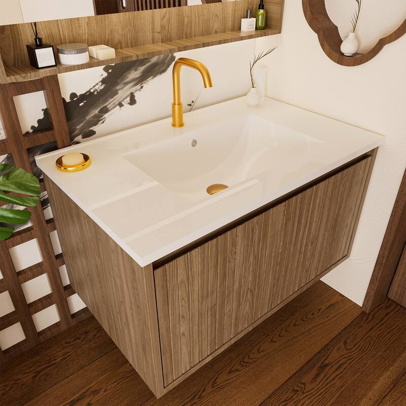 GDFStudio - Aero Modern Mid-Century Wall-Mounted Bathroom Vanity Base with Soft Close Drawer & Storage Spaces, WITHOUT Sink