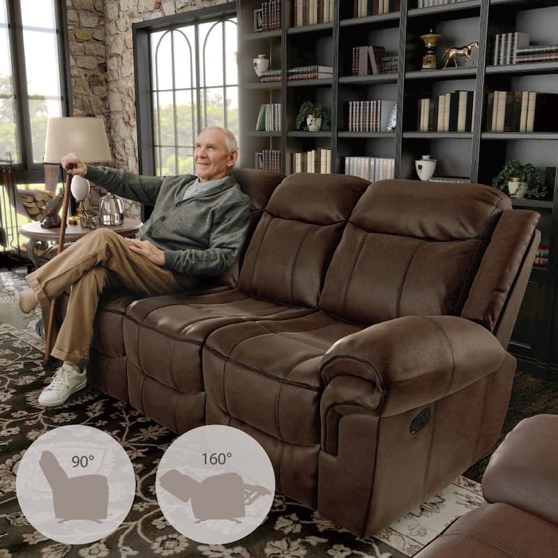 Verne Brown Manual Microsuede Reclining Sofa with Flip Down Cup Holders