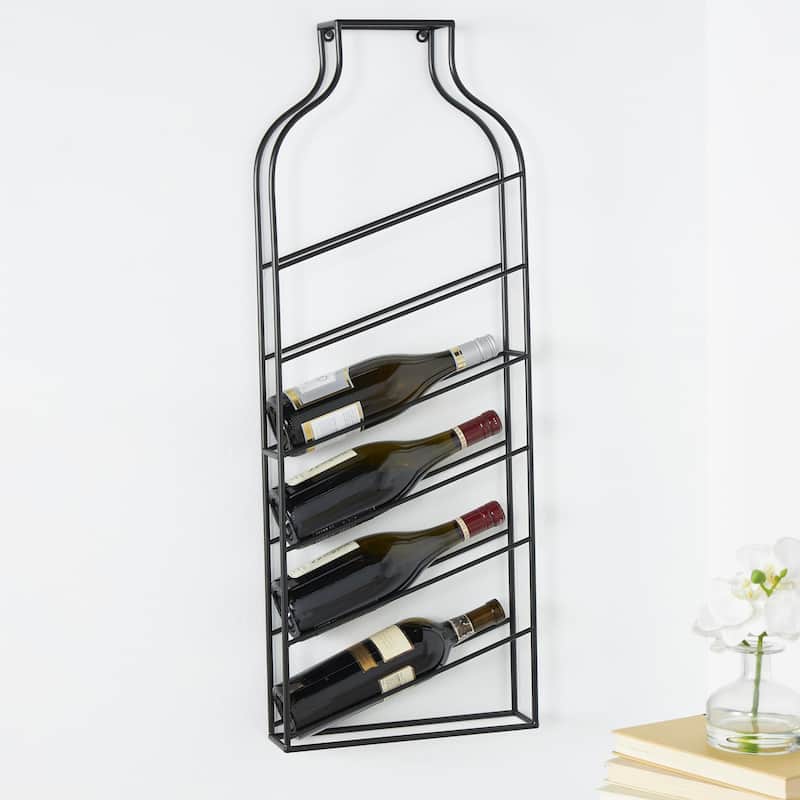 Metal Minimalistic Bottle Shaped 6 Bottle Wall Wine Rack with Open Style Frame - Black - Roche River Decor - 4"W x 13"L x 35"H