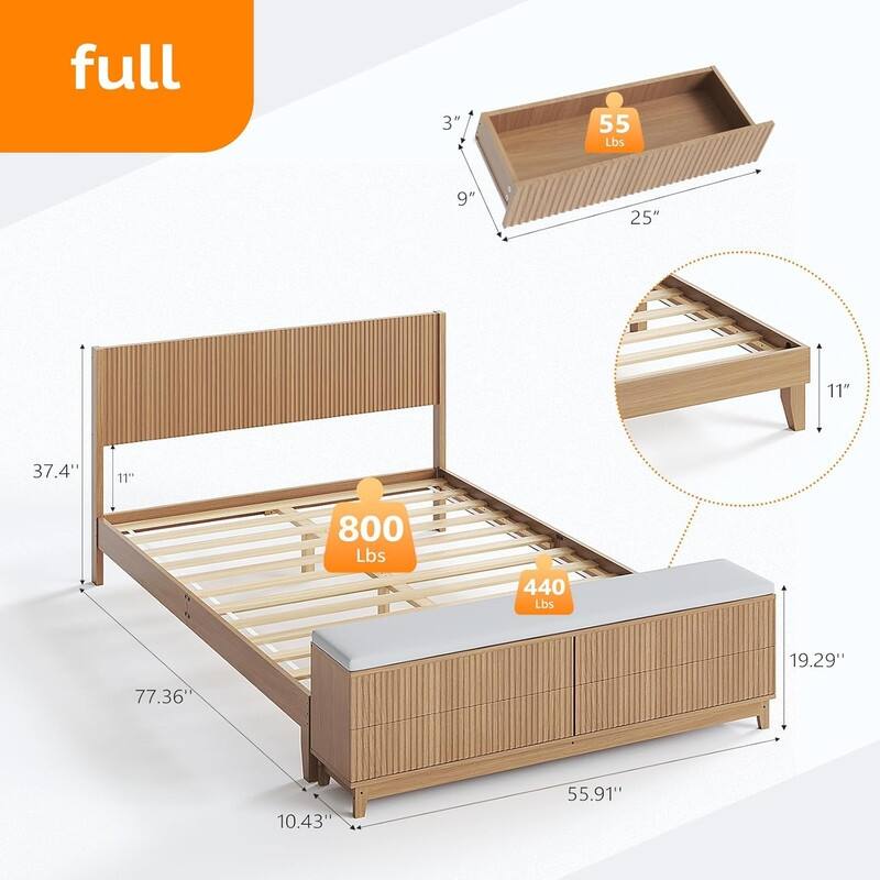 Natural Oak Wood Platform Bed Frame with Built-in Footboard Storage Bench,4 Drawers,Headboard,Heavy duty,No Box Spring Needed