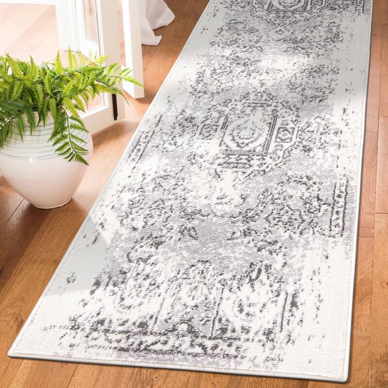 World Rug Gallery Vintage Distressed Boho Oriental Area Rug - 2' x 7' - Grey - Runner/Rectangle