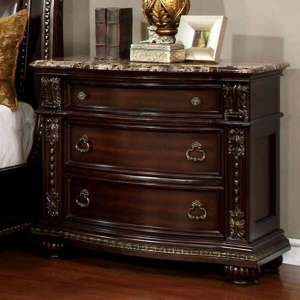 Traditional Brown Cherry Nightstand with Genuine Marble Top and 3 Drawers