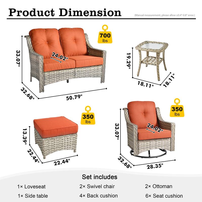 HOOOWOOO 6-piece Wicker Furniture Patio Loveseat Sofa Conversation Set with Swivel Chair