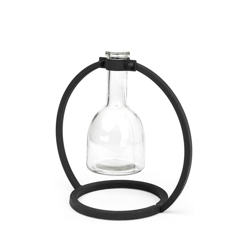 Modern Industrial Black Round Metal and Glass Vase - 5" W x 8" H x 9" D