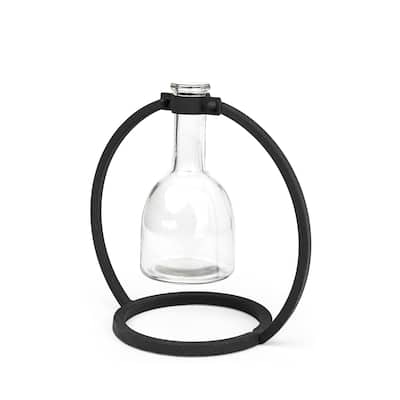 Modern Industrial Black Round Metal and Glass Vase