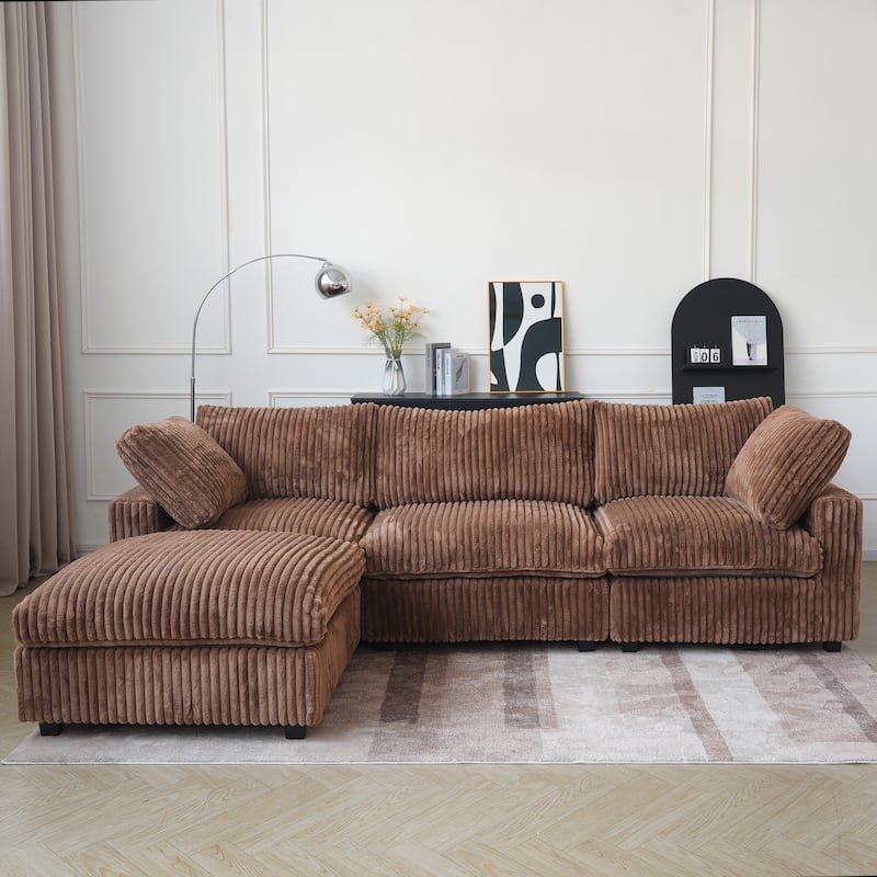 L-shaped Polyester Fabric Couch Modern Sectional Sofa with Ottoman - Dark Brown