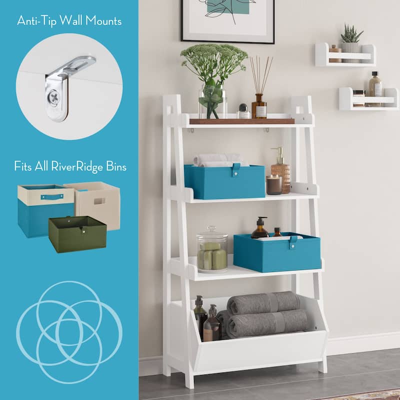 RiverRidge Amery 4-Tier 24in Ladder Shelf with Display Shelf and Storage Organizer Bin - White with 2 10" Floating Bookshelves