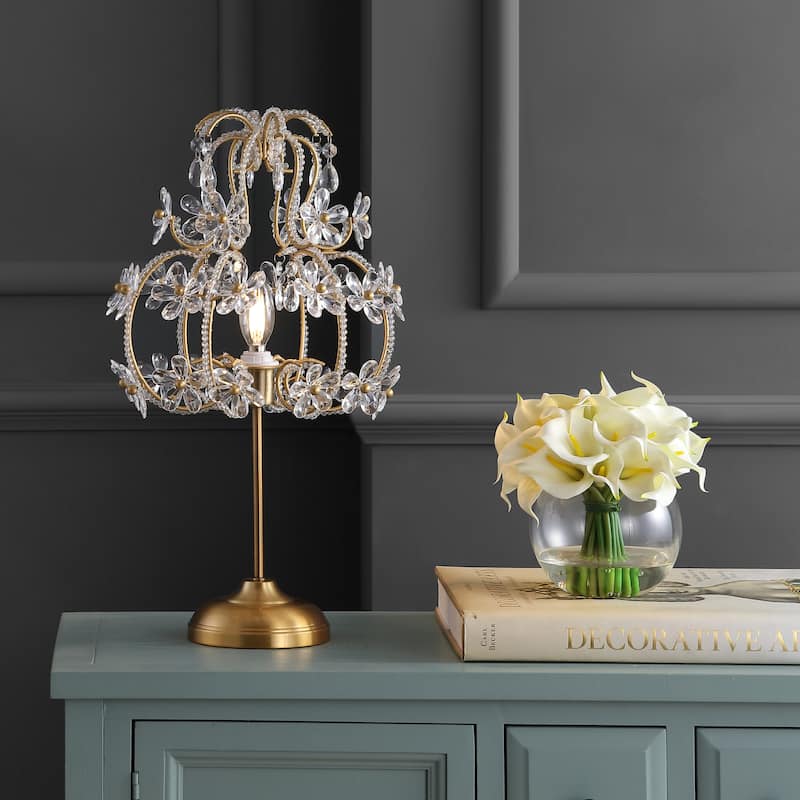 Stork 20.5" Crystal Flower Beaded Girandole Metal/Acrylic LED Table Lamp, Brass Gold/Clear by JONATHAN Y