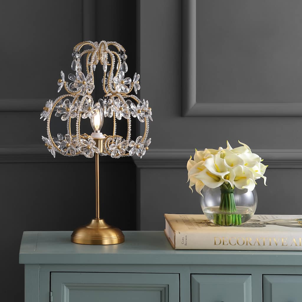Stork 20.5" Crystal Flower Beaded Girandole Metal/Acrylic LED Table Lamp, Brass Gold/Clear by JONATHAN Y