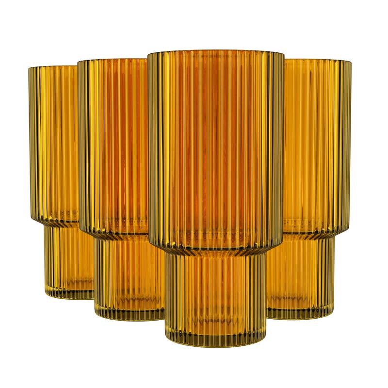 American Atelier Vintage Ribbed Fluted Glasses Set of 4 - 11 oz. - Amber