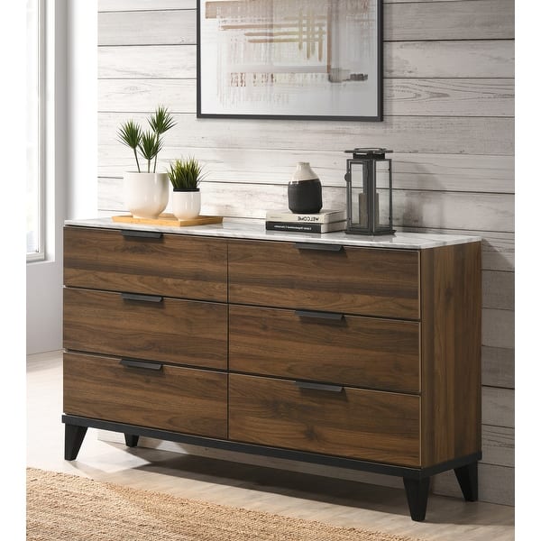 Nimble Modern Brown Wooden 6 Drawer Dresser with White Marble Top - Bed ...