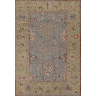 Hand Knotted Oriental 100% Wool Carpet Transitional All-Over Navy Blue & Blues Oushak Area Rug - 8' 11'' X 6' 1''