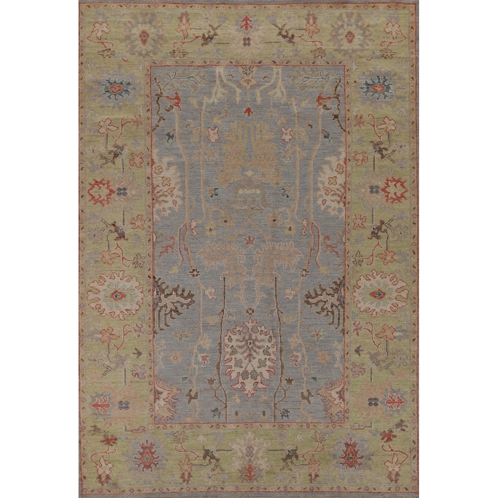 Hand Knotted Oriental 100% Wool Carpet Transitional All-Over Navy Blue & Blues Oushak Area Rug - 8' 11'' X 6' 1''