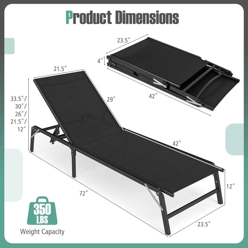 Gymax 2 PCS Reclining Lounge Chairs Folding Patio Recliner Chair