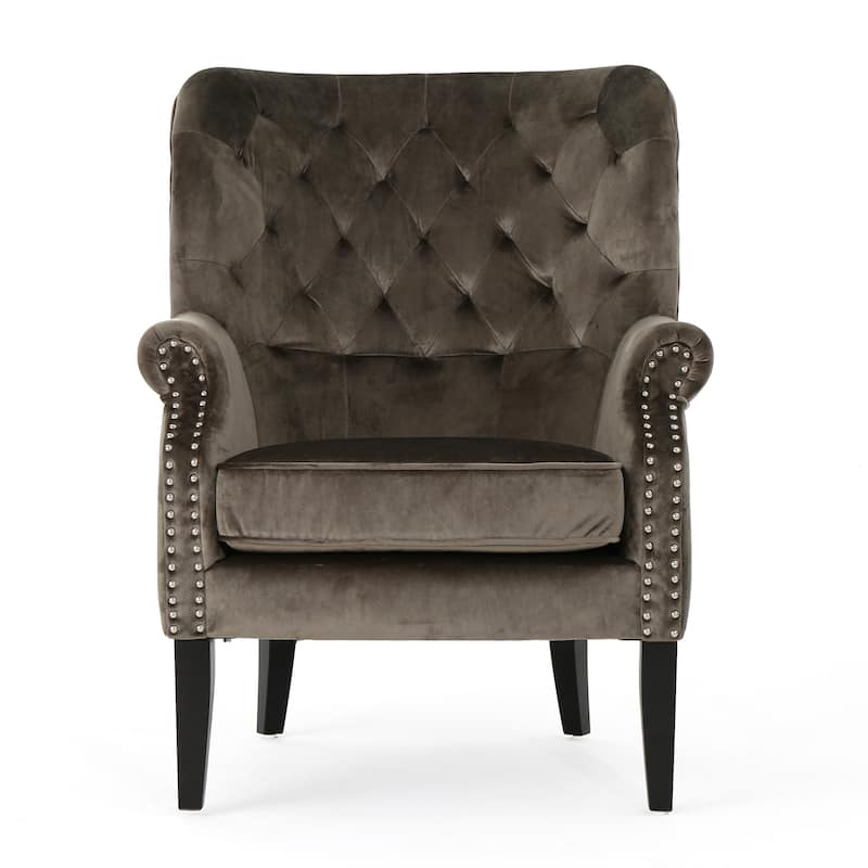Roomfitters Velvet Tufted Accent Chair with Rolled Arms and Nailhead Trim, Classic Lounge Chair