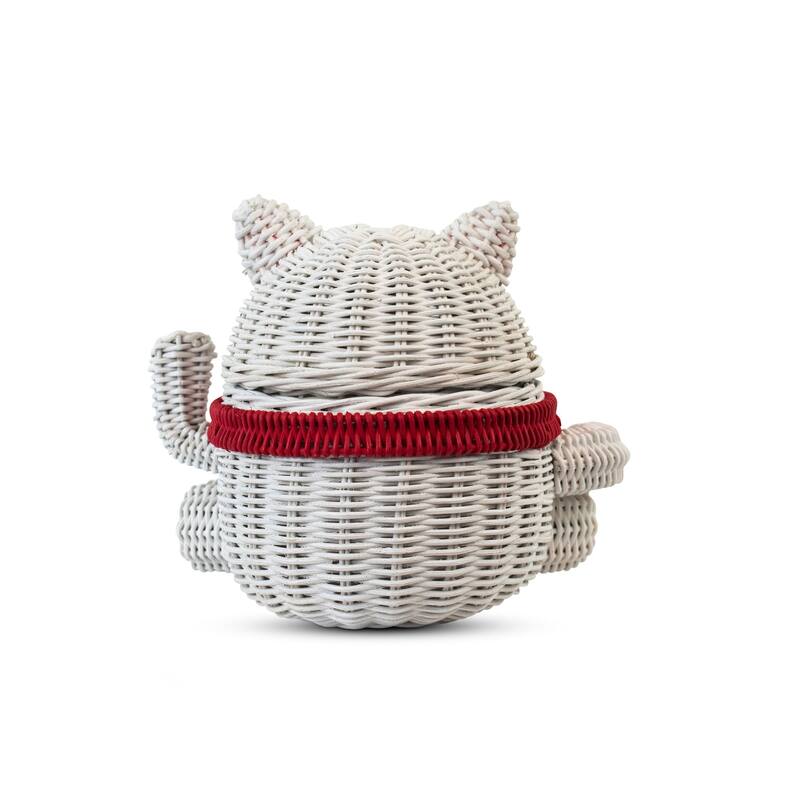 Lucky Cat Rattan Storage Basket with Lid Decorative Bin Home Decor Hand Woven Shelf Organizer Cute Handmade Handcrafted Gift
