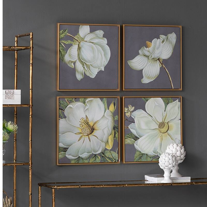 Set of 4 White and Gold Botanical Wall Art Prints, Home Decor