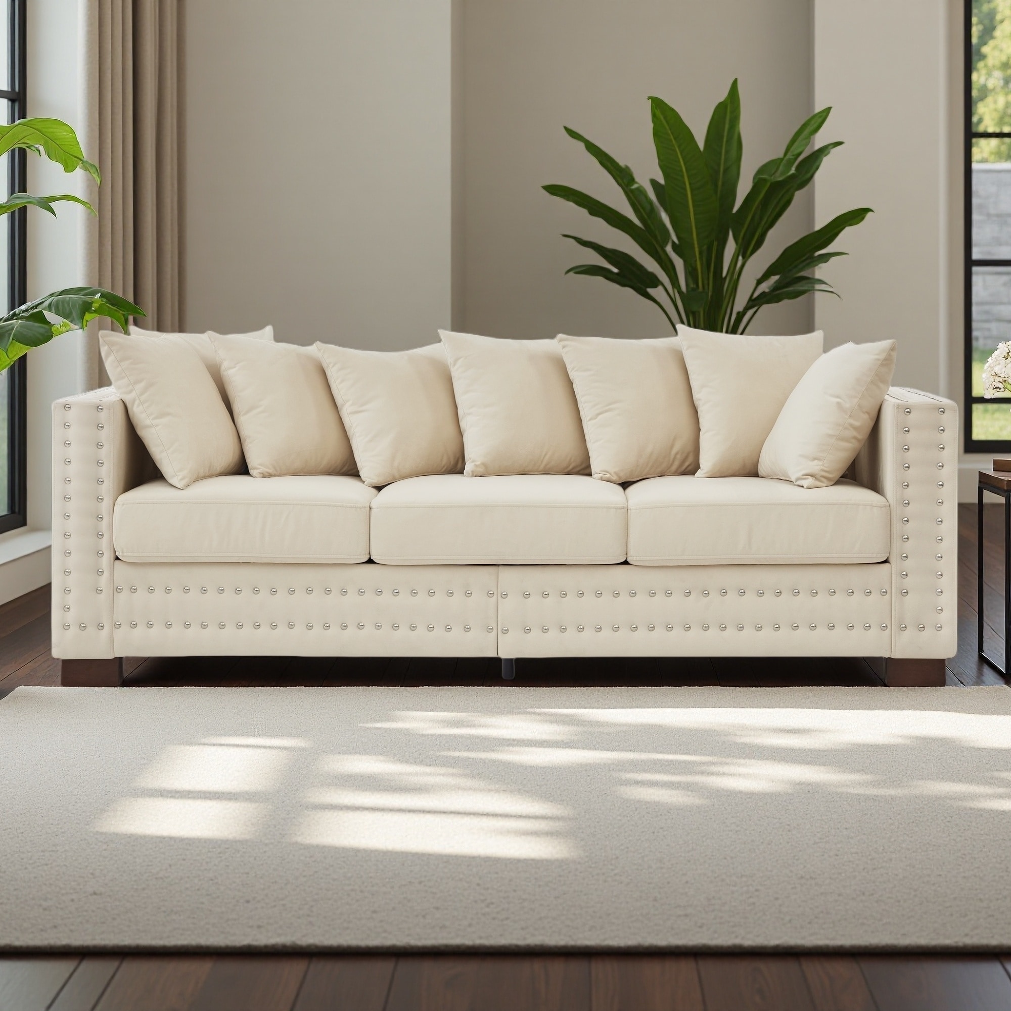 84.5" Velvet 3-Seater Sofa,Modern Square Arm Design with Silver Nailhead Trim and Under-Seat Storage