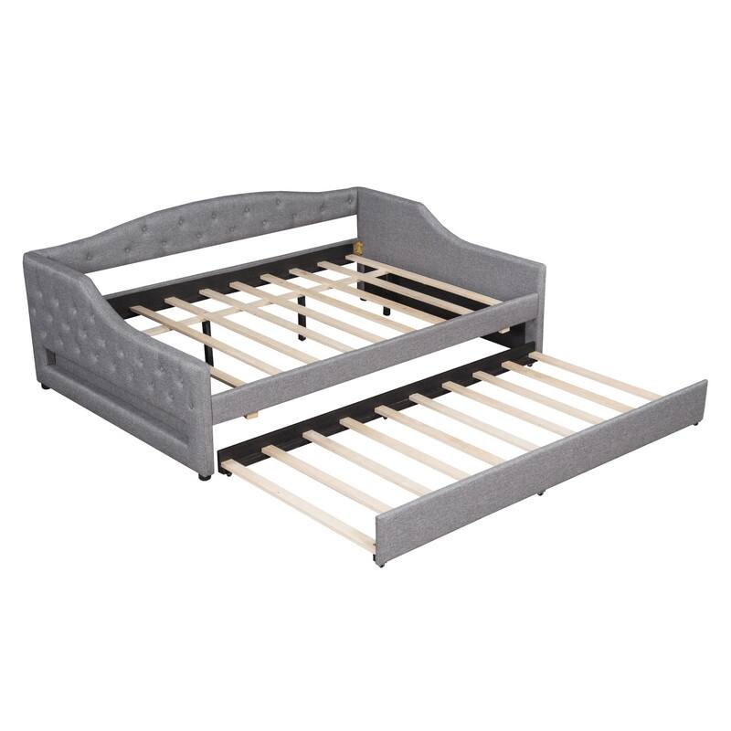 Full XL Size Upholstered Daybed with LED Belt and Trundle
