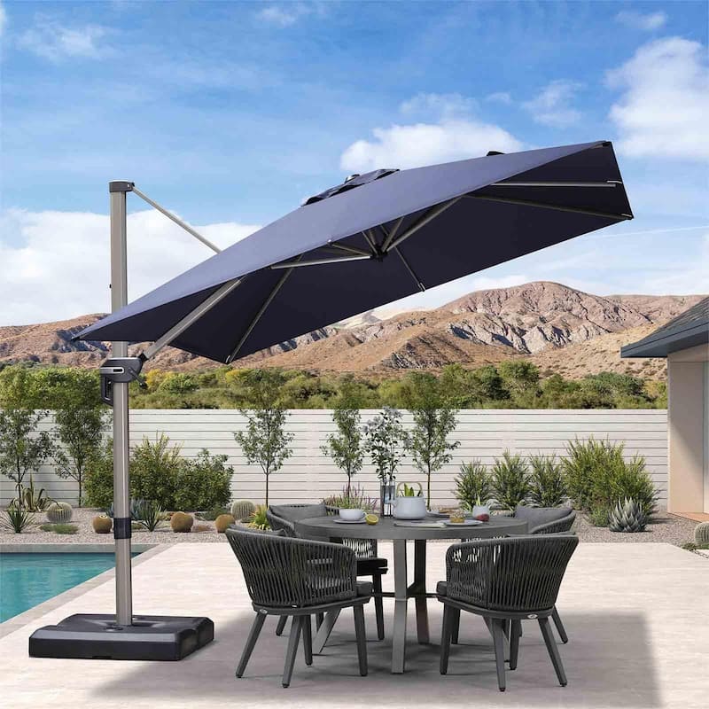 PURPLE LEAF Elegant Champagne-Gold Patio Cantilever Umbrella Adjustable Offset Umbrella - 9ft Navy Blue