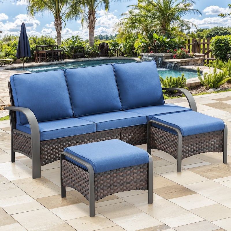 3 Piece Outdoor Patio 3 Seat Sofa & Ottoman - Blue Cushion - Brown - Blue - Brown